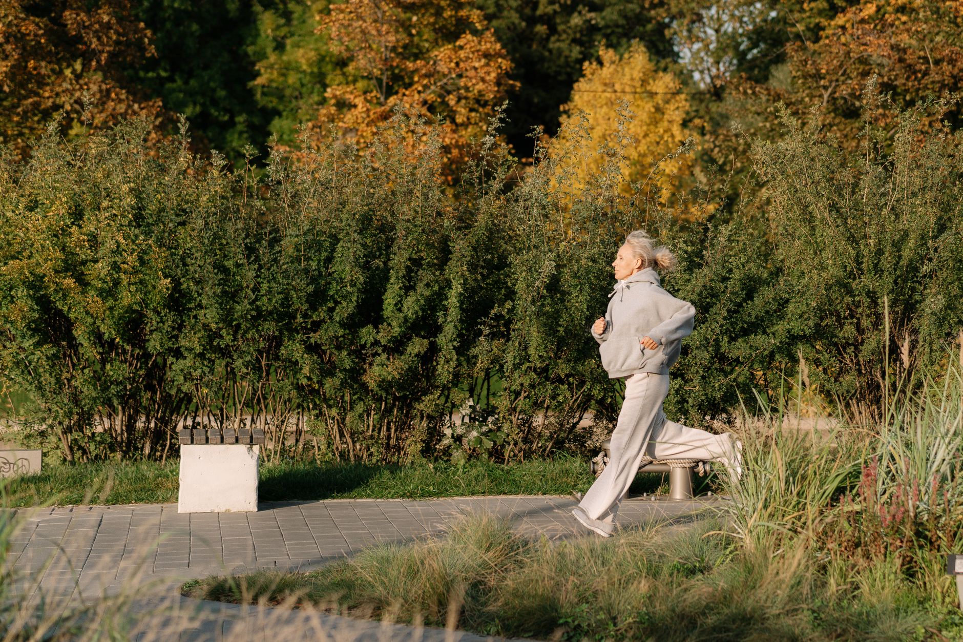 Femme senior en train de courir sur un chemin, arbres d'automne en arrière-plan