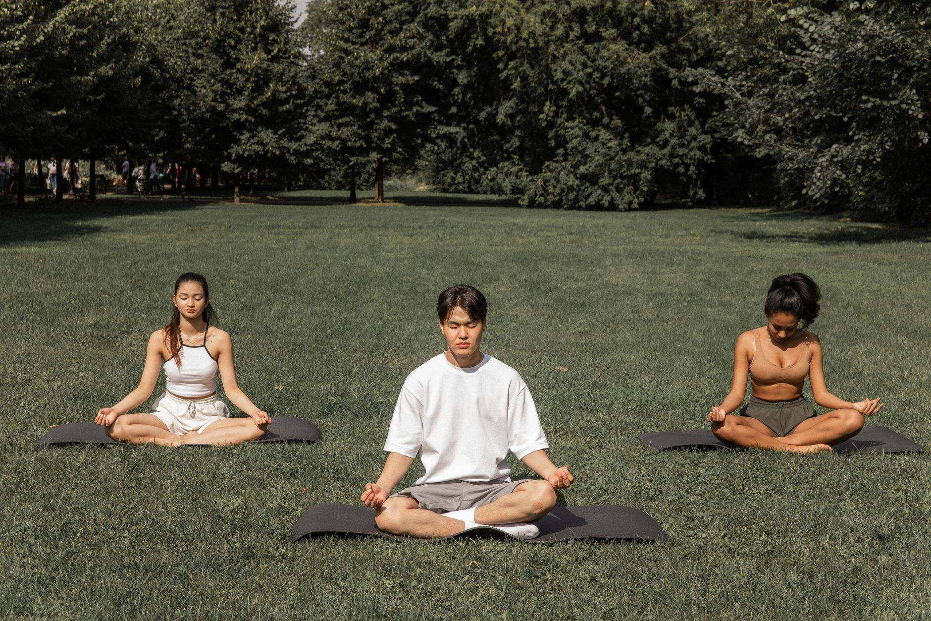 Personnes en tenue de sport assises en lotus, méditant dans un jardin d’été.