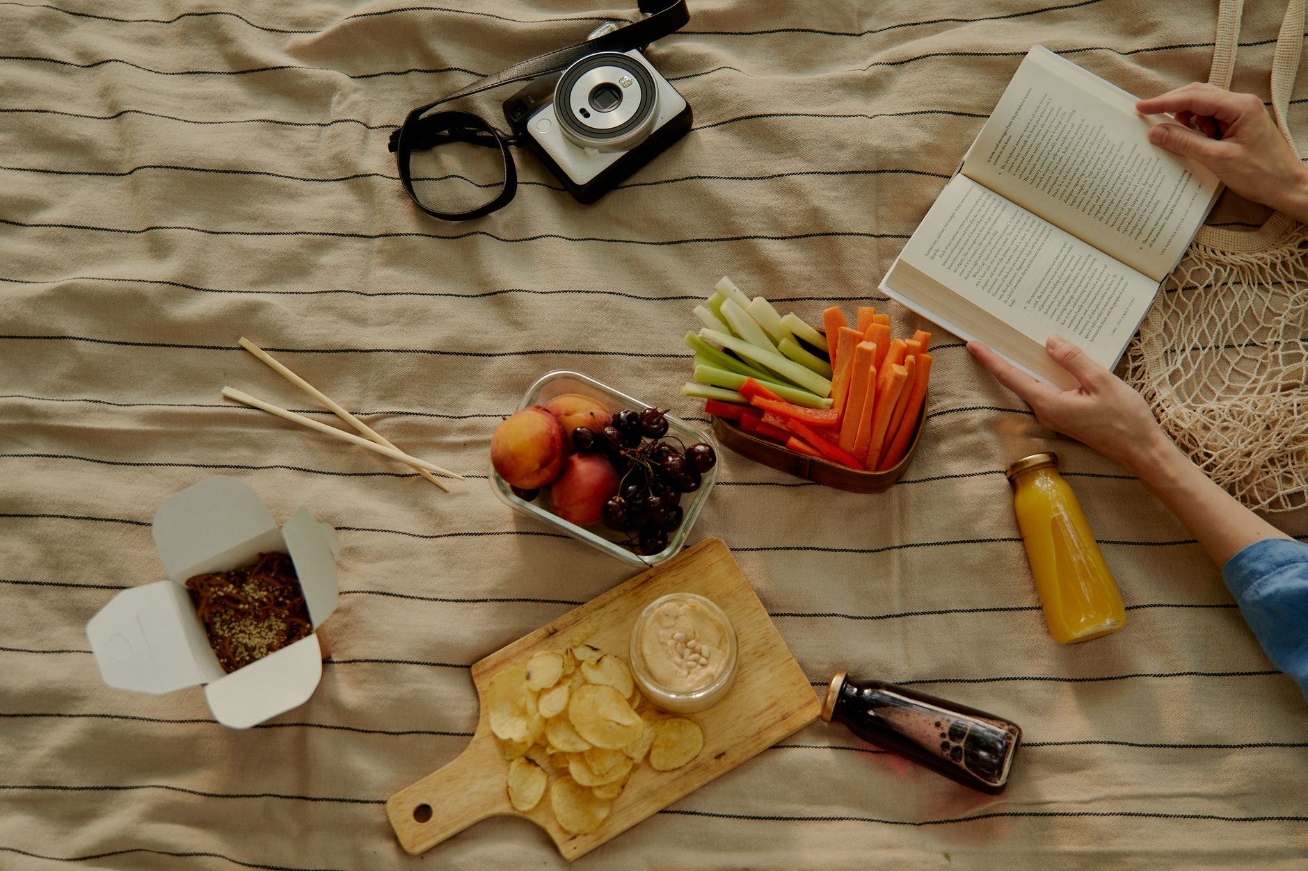 Disposition de pique-nique avec snacks, fruits, livre, appareil photo et jus.
