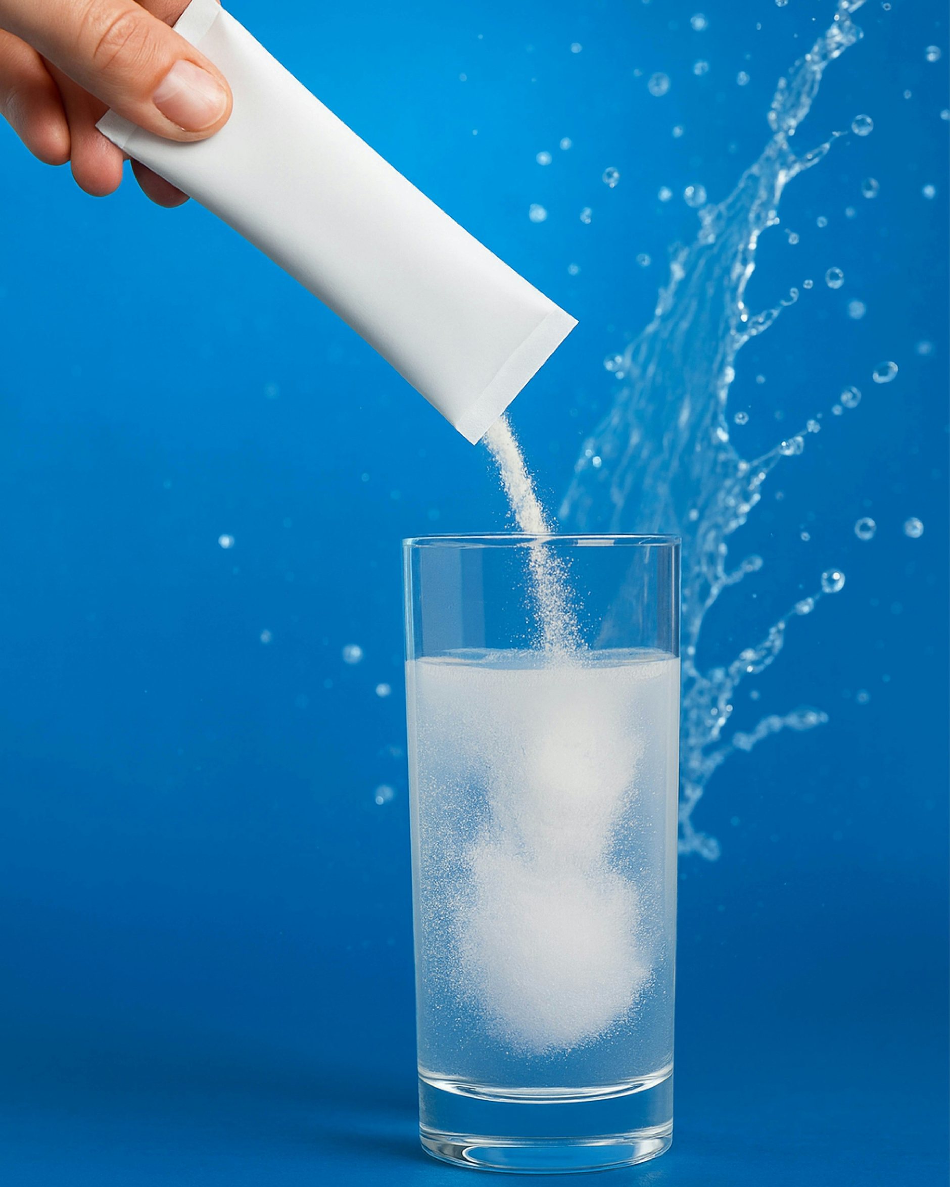 main qui verse le contenu d'un stick de poudre blanche dans un verre d'eau