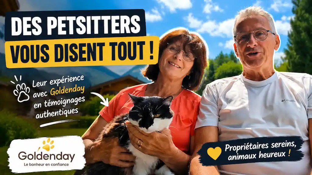 Deux retraités pet-sitters Goldenday, souriants, tiennent un chat noir et blanc dans un jardin de montagne
